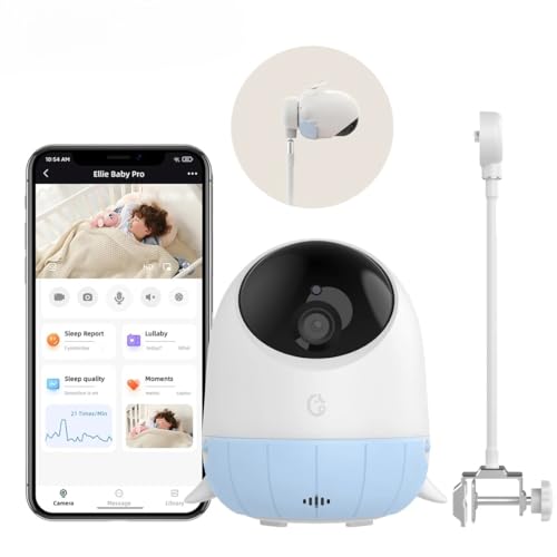Ellie Baby Smart Monitor Pro 1080p HD Camera Night Vision Two-Way Audio Temp & Humidity Monitoring Real-Time AI Alerts Secure Wi-Fi Pan-Tilt Rotation (Blue)
