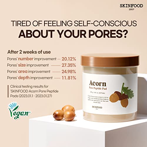 Skinfood Acorn Pore Peptide Pad 260G (9.17 Oz) 60 Sheets- Vegan Pore Firming Toner Pad With Peptide Elasticity Care, Instantly Tight Enlarged Pore, Non-Irritated Hydration Boosting #TOP1