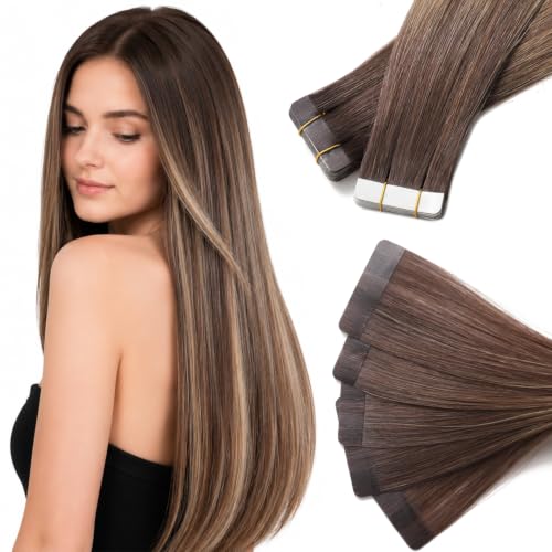 Image of Tape In Hair Extensions Human Hair Brown Balayage Caramel Blonde