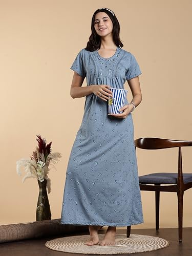 Image of 9shines Label Stylish Cotton Blend Embroidered Maxi Nightdress for Women with Pocket| Full Length Nightwear| Premium Nightdress| Comfortable Nightwear(5256)