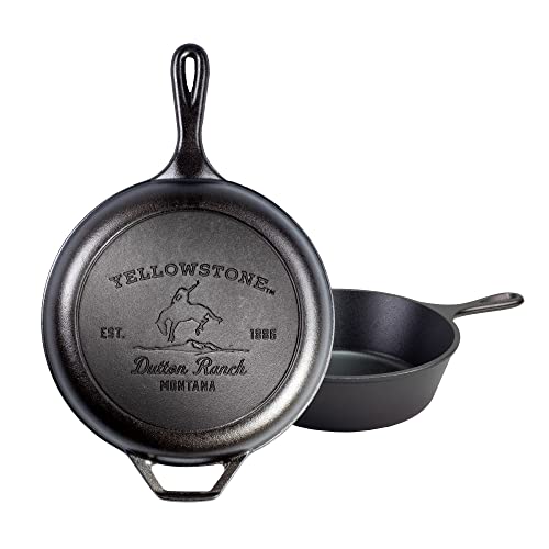 Lodge Pre-Seasoned Yellowstone Stamped Cast Iron 2 in 1 Combo Cooker - Dual Handle - Deep Pot Cooker + Frying Pan - Use in the Oven, on the Stove, on the Grill, or Over a Campfire - Use to sear, sauté, bake, broil, braise, fry, or grill - Bucking Bronco 10.5 Inch Combo Cooker