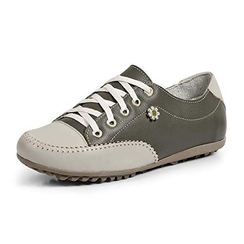 Sapatênis Tênis Feminino Casual Couro Flay Izabela Araújo - 100 - Verde Militar Bege Tamanho:38;Cor: