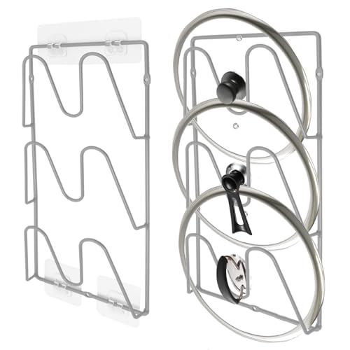 UpChoNice 2 Pack Pot Lid Organizer Rack, 6 Tier Hanging Pot Lids Holder Inside Cabinet Door, No Drilling Adhesive Wall Mounted Pan Lid Organizer, Kitchen Cooking Lid Storage Rack for Cupboard (Silver)