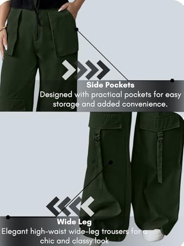 Image of Leriya Fashion Cargo Pants for Woman | Cargo Pants for Women Cotton Wide Leg Utility Fit Flap Pockets | Trousers Fors Women, Relaxed Fit Baggy Pant Airport Outfit for Womens Streetwear Attire
