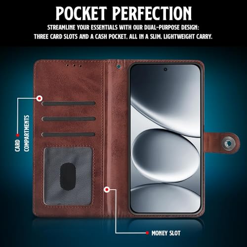 Image of WOW IMAGINE Shock Proof Flip Cover Back Case for Redmi Note 15 Pro 5G (Magnetic Button Flip Case | Wallet Pockets & Stand | Leather Finish | Coffee)
