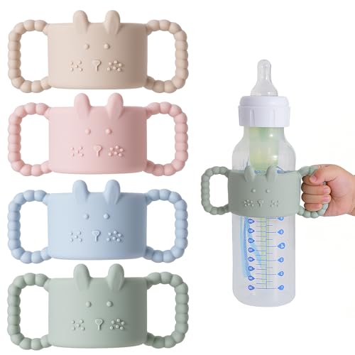 Andy Bear 4 Pack Silicone Baby Bottle Handles Compatible with Dr. Browns 8 oz/250 ml Narrow Bottles Removable Easy Grip Handles for Bottle to Sippy Cup Transition BPA Free Playful Bunny
