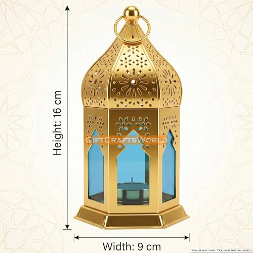 Image of Metal Antique Moroccan Lantern Hanging Vintage Style Lamp for Home Decoration Diwali Festive Light Traditional Indoor Outdoor Decor (Light Blue, Set of 4)