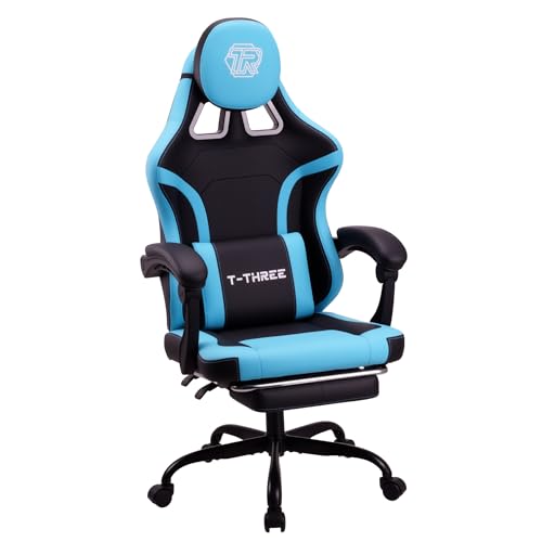 T-THREE.Ergonomic high-back gaming, computer, office, study, swivel, and racing-style chair with adjustable lumbar and headrest support, 150kg weight capacity, ideal for home office(Blue)