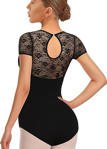 DANSHOW Women Dance Lace Short Sleeve Ballet Leotards(Water-drop Hollow Back)(7037-S-06)