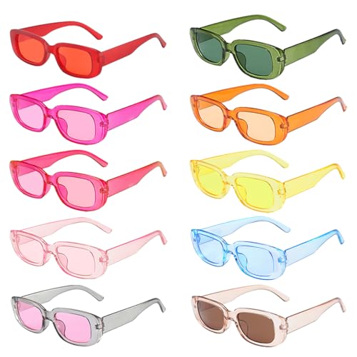 SUNOVELTIES 10 Pack Rectangle Sunglasses for Women Retro Narrow Square Glasses 90s Aesthetic Vintage Eyewear Uniex Adult