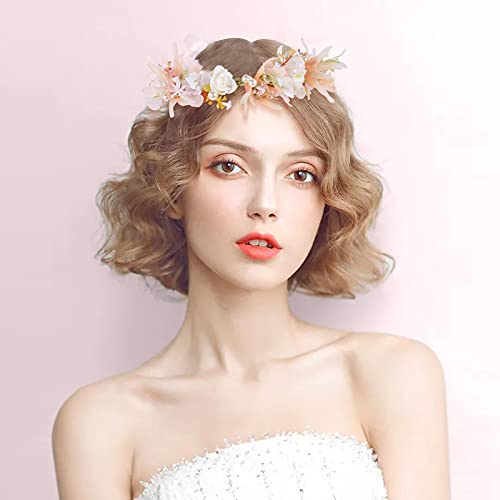 Foto von Blumenkranz Blume Krone Stirnband, Taumie Blumen Stirnbänder Kopfschmuck Haarbänder Floral Girlande, Perle Braut Haarschmuck mit Armband-Set, Damen Mädchen für Festival Party Hochzeit Strand