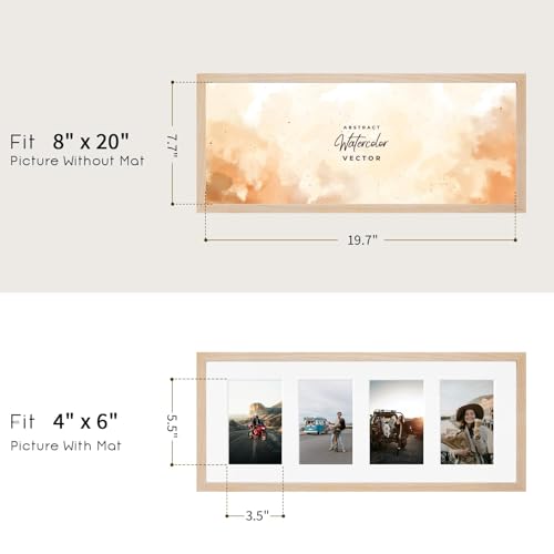 8x20 Oak Wood Picture Frame - 8x20 Photo Frame with Mat Display 4Pcs 4x6 Photos, 4x6 Picture Frame Wood, Natural Solid Wooden Picture Frames for Wall Art Photo and Prints(1 Pack, Beige)