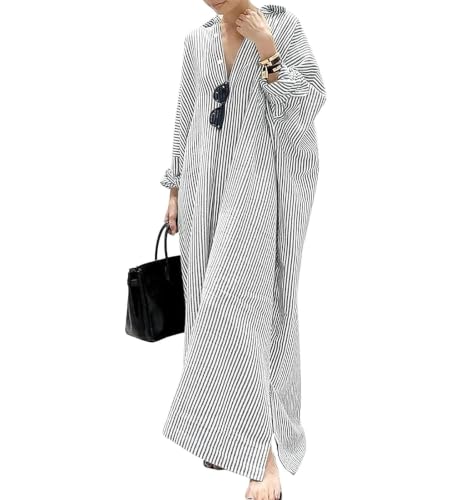Image of ebossy Women's Oversized Boho Striped Shirt Dress Button Up Long Sleeve Flowy A Line Caftan Dress with Pockets