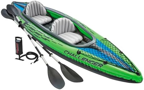 INTEX Challenger Inflatable Kayak Series: Includes Deluxe 86in Kayak Paddles and High-Output Pump – SuperStrong PVC – Adjustable Seat with Backrest – Removable Skeg – Cargo Storage Net