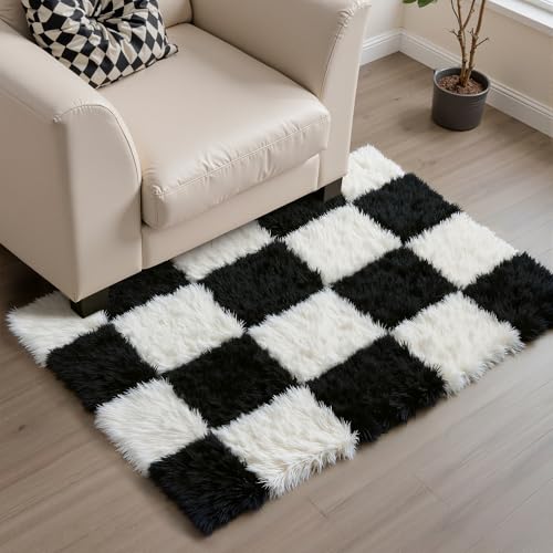 PureCozy Checkered Area Rug 2x3 for Bedroom, Black and White Modern Shag Rug Super Soft Runner Carpet Washable Fluffy Rugs for Living Room Bedside Sofa Home Dorm Decor Aesthetic 2' x 3' (Run