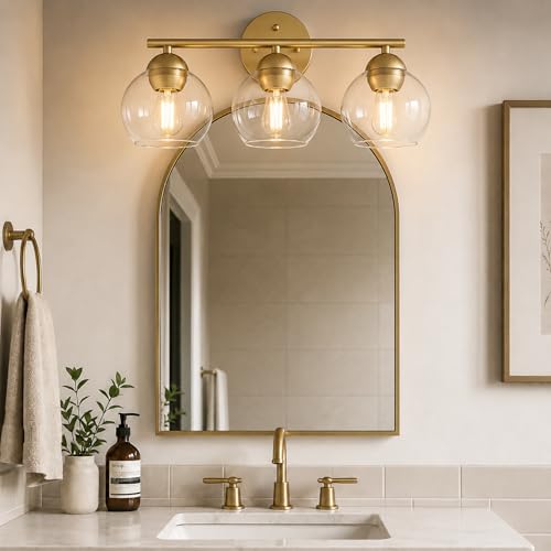 Emak 3-Light Gold Bathroom Light Fixtures Over Mirror, Globe Clear Glass Bathroom Vanity Lights, VL114-GDL-3