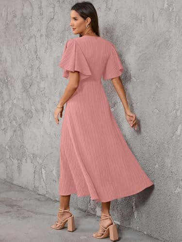 Image of Shasmi Girl's & Women's Pleated Midi Dress with Flutter Sleeves | V-Neck Western Dress for Women | Elegant A-Line Summer Outfit | Office & Casual Wear (Dress 244)