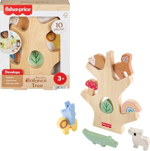 Image of Fisher-Price Wood Stacking Toy Balance Tree, 10 Wooden Pieces for Developmental Play Preschool Kids Ages 3+ Years