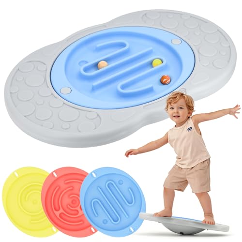 Balance Board Maze for Kids, Wobble Board with 3 Balls, 3 Replacement Labyrinth Boards, Indoor Active Play Toys for Sensory Training, Ages 3+, Max Load 140 Lbs
