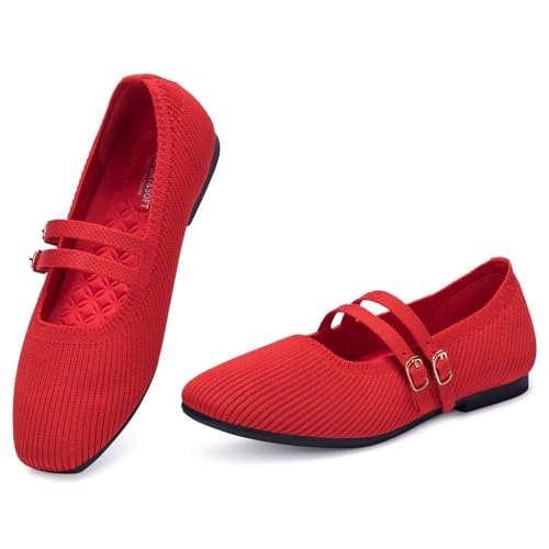 Image of Frank Mully Women's Flats Square Toe Mary Jane Shoes Ballet Flats with Strap Comfortable Slip On Knit Shoes Dressy Casual