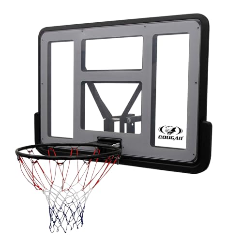Image of COUGAR Jordan Basketball Backboard 110x75 cm | Wall Mount Shatterproof Acrylic Board with 16mm Steel Ring 45 cm Dia and Net for Outdoor Court Practice and Home Use