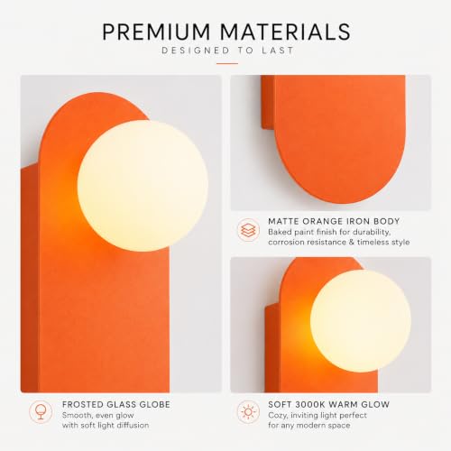 Image of Orange Glass Globe Wall Sconce,12 Inch,Suit for Bedroom Hallway | Frosted Sphere Lampshade, for Hallway and Bedside,Soft Warm Glow,MCM Style,Decorative Lighting,Hardwired Mount Design