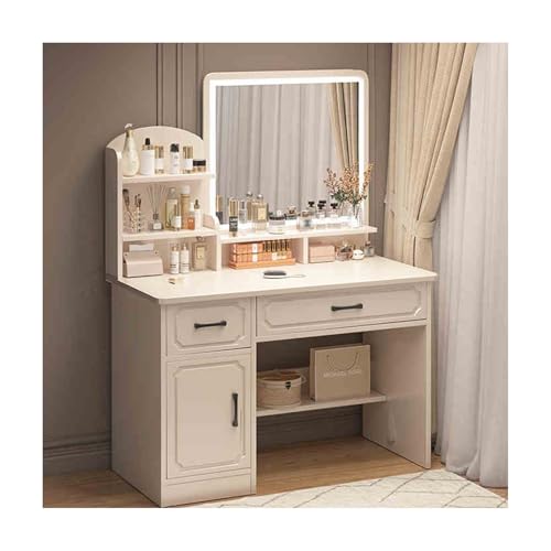 Mesa de tocador inteligente con iluminación LED – Moderno escritorio de maquillaje para dormitorio, espejo ajustable, fácil de montar, versátil tocador de madera para cosméticos y artículos esenciales