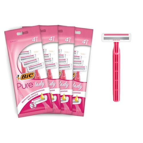 BIC Pure Lady - Rasoirs Jetables pour Femme à 3 Lames avec Bande Lubrifiante Enrichie en Beurre de Karité pour une Glisse Parfaite et Précise - Lot de 4 Pochettes de 4