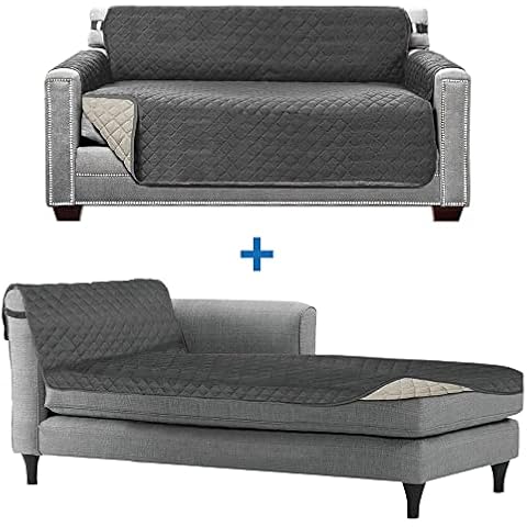 Sofa Shield Loveseat and Chaise Furniture Protectors, Both in Charcoal/Linen, Loveseat for Seat Width up to 54", Chaise for Seat Width up to 34", Reversible, Washable, 2 Item Bundle Cover