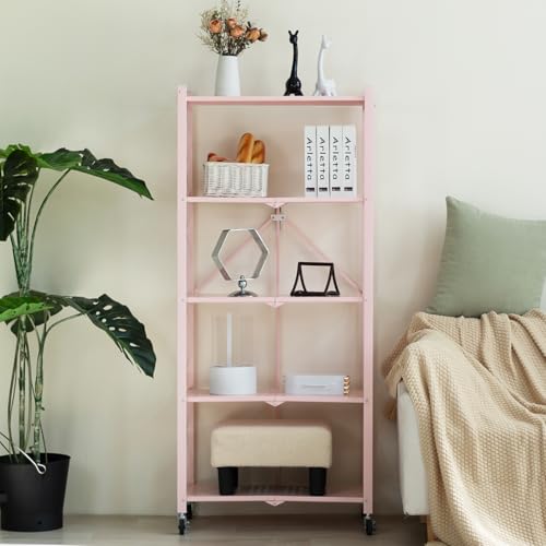 Image of BRIAN & DANY 5-Tier Foldable Storage Shelves with Wheels, Folding Metal Rack Shelving Unit, Heavy Duty No Assembly Organizer Shelf for Garage, Kitchen, Basement, Pantry, Pink