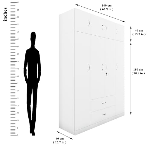 Image of VIKI Wardrobe | Wooden Almirah for Clothes,Door for Bedroom with Loft, 4 Door Wardrobe with Drawer & Hanging Space (Frosty White - 40D x 160W x 220H) | 1 Year Warranty | Free Assembly