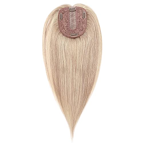 Silk Base Clip in Human Hair Topper for Women 12" Down Ash Blonde Mix Dark Blonde Highlight Clip on Toupee Extensions 4 Clips Filler Hairpiece