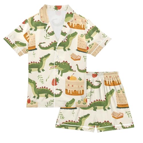 ALAZA Crocodile Cake Pajamas Satin Pajama Set Short Sleeve Button Down Sleepwear