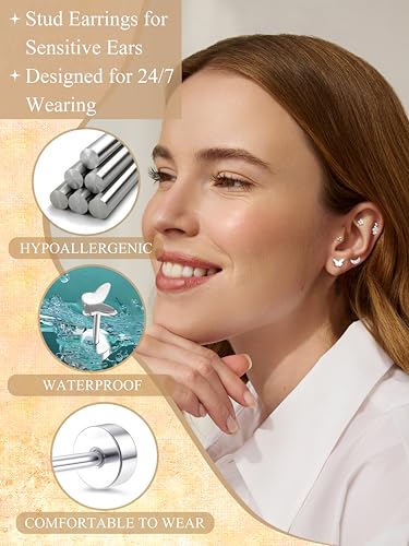 Thunaraz Dainty Hypoallergenic Flat Back Stud Earrings for Women Trendy 14K Gold Filled Cartilage Earring Helix Conch Tragus Piercing Jewelry Small Surgical Stainless Steel Earring Sets 20G2
