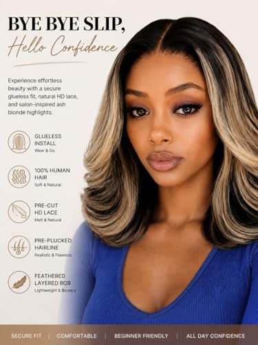 Image of Beauty Forever 7x5 Bye Bye Slip Glueless Lace Wig Human Hair Ash Blonde Highlight 14 Inch Feathered Layered Bob Wig Pre-Cut HD Lace Wear and Go Pre-Plucked Natural Hairline
