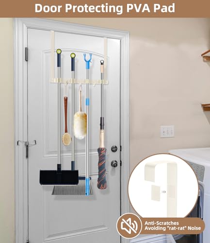 Broom Holder Over The Door - 304 Stainless Steel Mop and Broom Holder Wall Mounted or Hanging Over The Door with Hooks - Broom Hanger, Broom Storage Tool Organizer for Closet Laundry - light beige — view 3