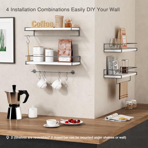 Forbena White Floating Shelves for Bathroom Organizer Over Toilet, Bathroom Shelves Wall Mounted with Towel Rack, Corner Wall Shelf for Bedroom Decor Kitchen Storage (White-Dark Grey, Set of 2)