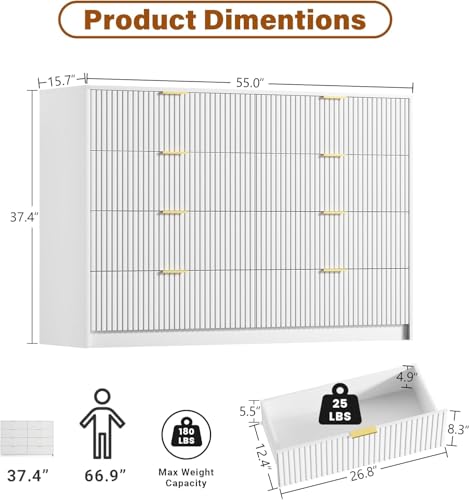 Image of Furniway Modern White 3-Piece Dresser Bedroom Set, Fluted Wood 8 Drawer Dresser with Gold Handles and 2 Drawer Nightstands, Chest of Drawers for Bedroom, Living Room, Entryway