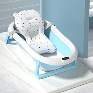 YOPOTIKA Foldable Portable Baby Bathtub with Built-in Thermometer and Soft Cushion Pad Toddler Shower Bath Tub