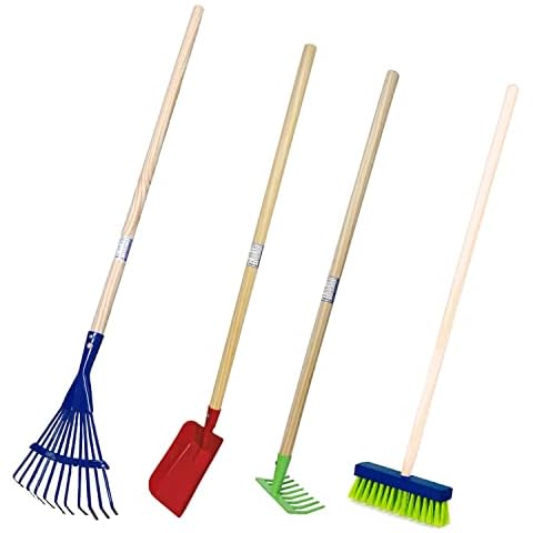 Land-Haus-Shop Kinder Gartengeräte Set 4 TLG, Besen Harke Rechen Schüppe Garten Geräte Spielzeug Cover