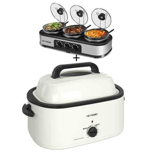 Image of Triple Slow Cooker, 3×1.5 QT Buffet Servers and Warmers & Electric Roaster, Roaster Oven 26 Quart with Self-Basting Lid