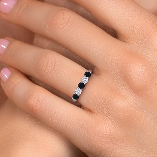 Gem Stone King 925 Sterling Silver Black Onyx and Lab Grown Diamond 5-Stone Alternate Wedding-Bands Ring For Women | 0.73 Cttw | Round 3.5MM | Gemstone Birthstone | Available in Size 5,6,7,8,94