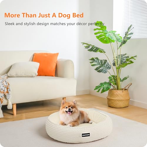 HMTOPE Hundebett Kleine Hunde, Katzenbett Waschbar, Kuscheliges Hundekissen, Rund Cord Hundekorb, Donut, Hundesofa, Abnehmbar und rutschfest, Ø 60 cm, Beige