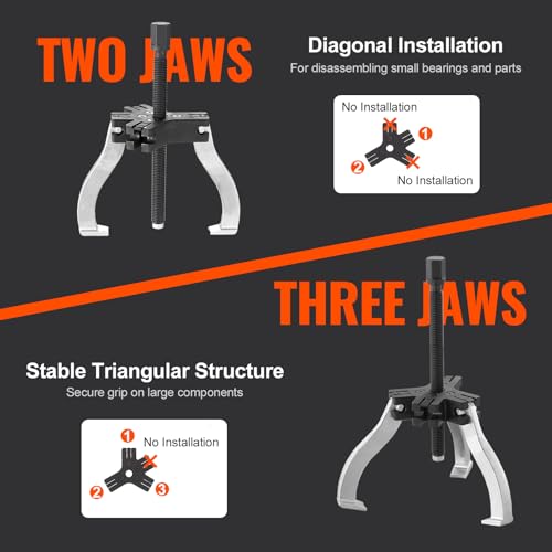 VEVOR Gear Puller Set, 3" and 7" Puller Kit, 3 Jaw Gear Bearing Flywheel Pulley Removal Tool, 2 or 3 Reversible Jaws Wheel Puller, Vertically and Horizontally, External and Internal, 2-Piece - Image 3