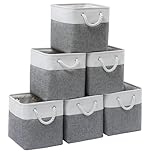 ICEMOR 28 x 28 x 28 cm Cube Storage Bins, 6 Pack Large Collapsible Fabric Storage Bin with Ropes, Foldable Storage Cubes for Home, Office,Closet, Clothes, Toys Organizer (White & Grey )