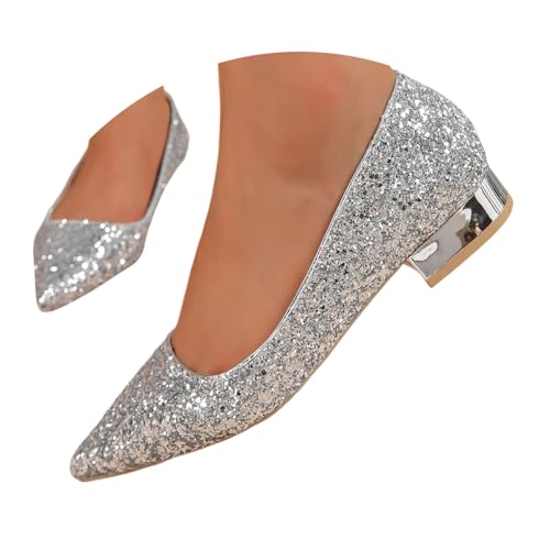 ticticlily Glitzer Pumps Damen Spitze Mit Niedriger Blockabsatz Elegant Abendschuhe Bequeme High Heels Für Hochzeiten A Silber 39 EU