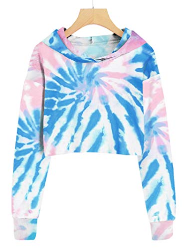 Imily Bela Girl's Tie-dye Hooded Crop Tops Long Sleeve Cute Pullover Sweatshirt Hoodies Sky Blue