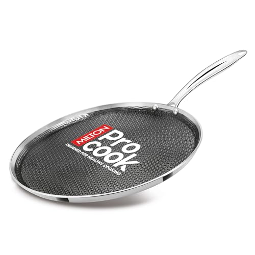 Image of Milton Pro Cook Induction Cookware & Gas Stove Friendly Triply Stainless Steel Hexa Tech Omni Tawa 32cm | 3.5mm Thick | Greblon C3+ Coating Non Stick Dosa Tawa | PFOA-Free | Sturdy Handle |3Y Warranty