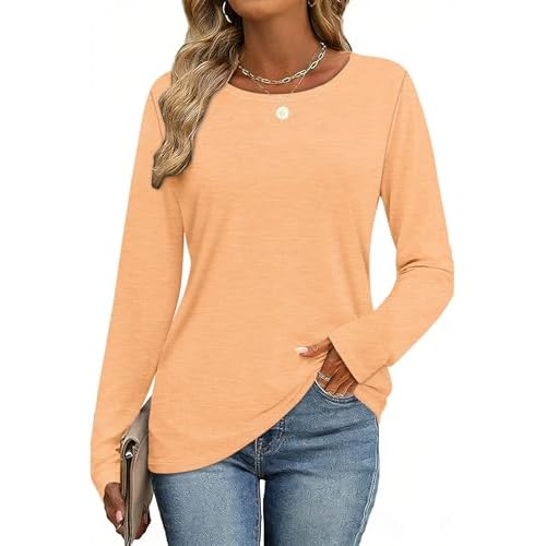 CHICGAL Women Long Sleeve Shirts Casual Dressy Crew Neck Soft Basic Tee Loose Fit Tunic Tops Small Light Orange