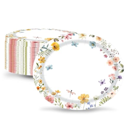 Aysimple 50Pcs Wildflower Oval Paper Plates - 10" x 12" Large Floral Flower Disposable Party Plates for Spring Baby Shower Birthday Bridal Shower Party Supplies…